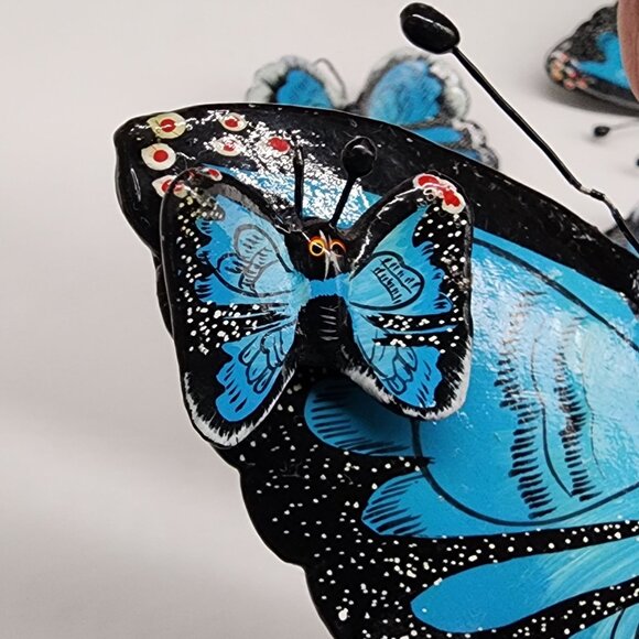 Hand Painted Ceramic Butterfly Wall Decor Hanging Blue & Black Set of 4 - Picture 8 of 8